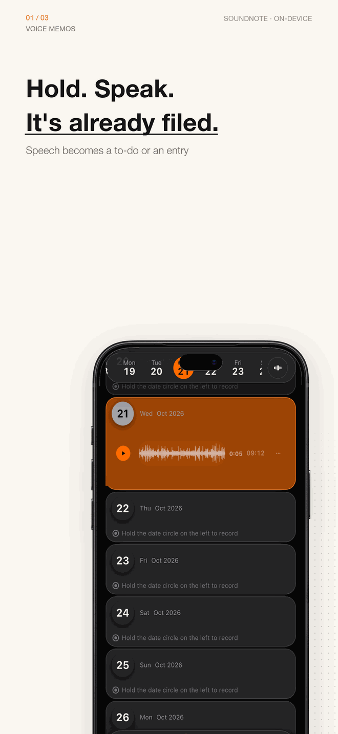 Poster: Hold. Speak. It is already filed. A voice note with a waveform under the 21st, 0:05 of 09:12.