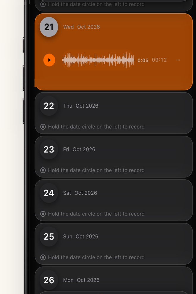 Poster: Hold. Speak. It is already filed. A voice note with a waveform under the 21st, 0:05 of 09:12.